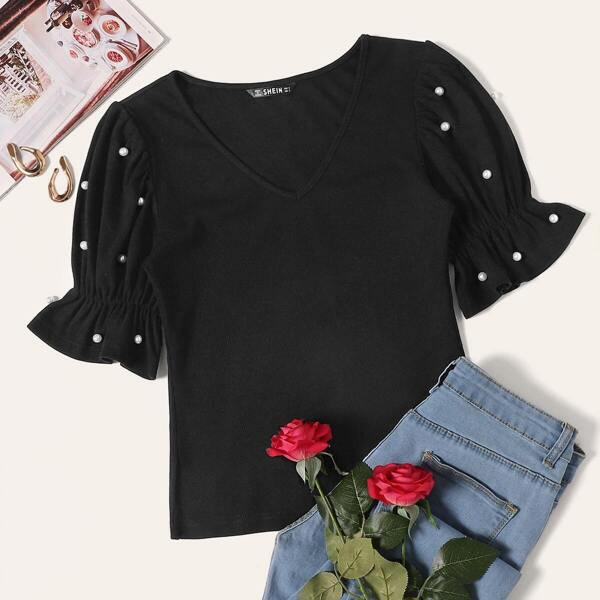 

Pearl Beaded Flutter Sleeve Fitted Tee
