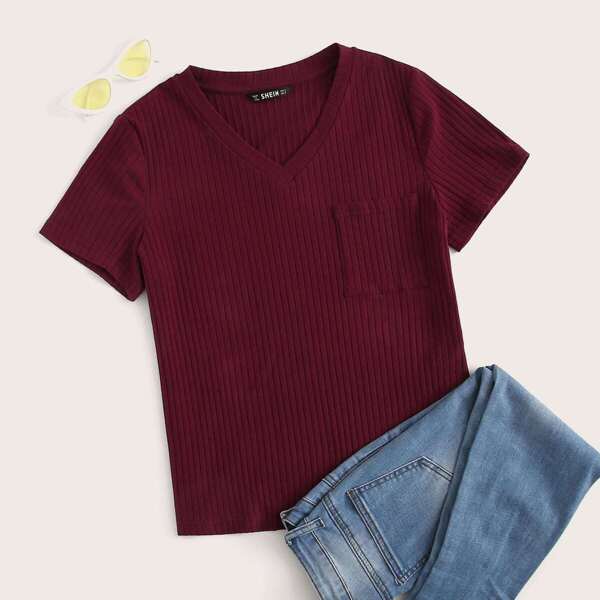 

V-neck Patch Pocket Rib-knit Tee