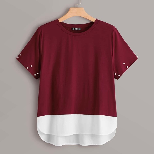 

Plus Pearl Detail Two Tone Top, Burgundy