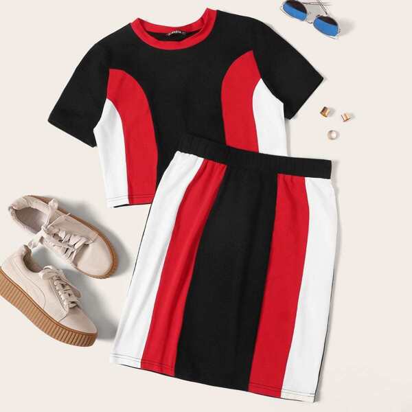 

Colorblock Crop Tee and Bodycon Skirt Set