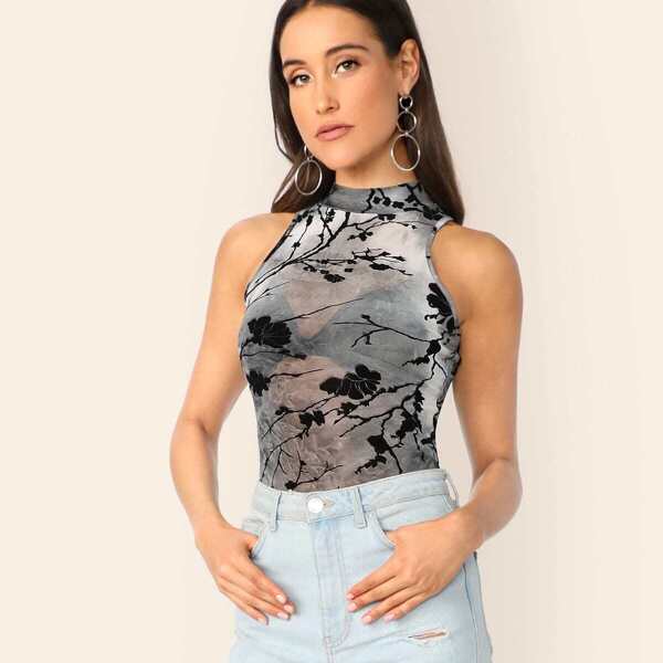 

Mock Neck Floral Blossom Print Mesh Top