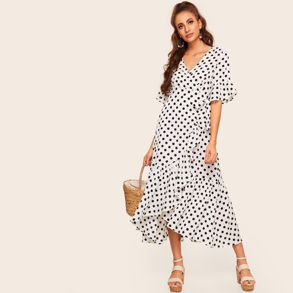 

Polka Dot Tie Side Surplice Wrap Ruffle Dress