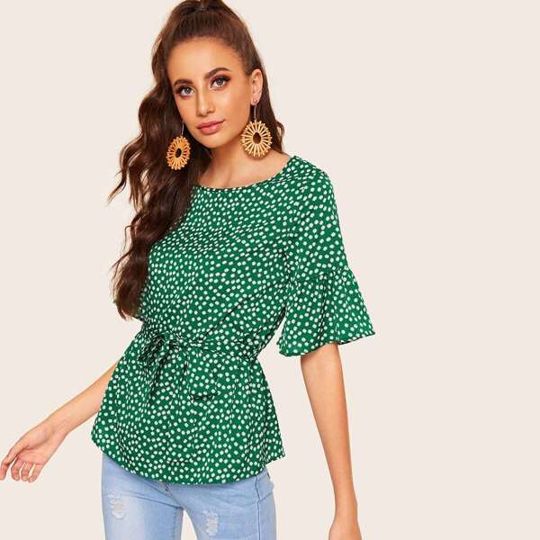 

Flounce Sleeve Ditsy Floral Print Belted Top