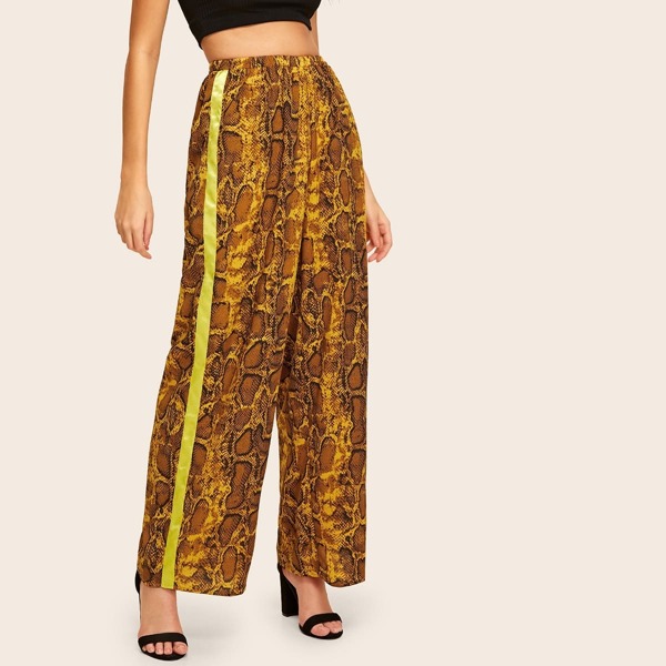 

Snakeskin Print Contrast Side Seam Wide Leg Pants