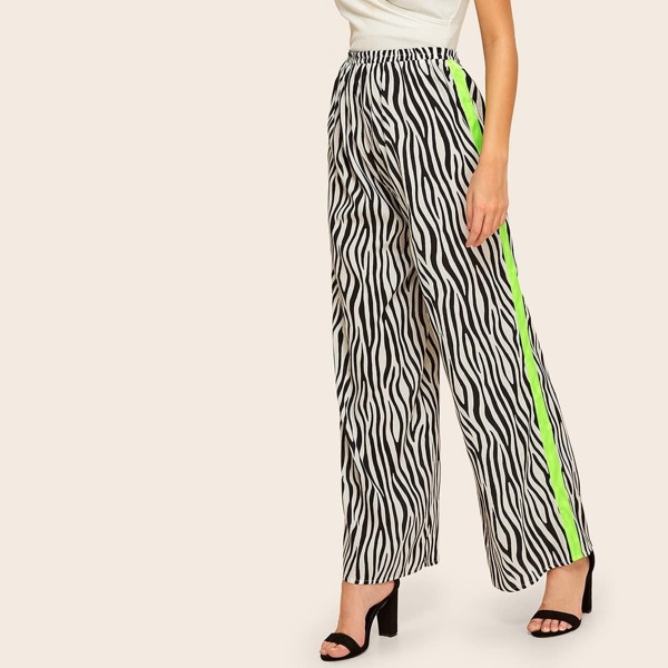 

Zebra Print Contrast Sideseam Wide Leg Pants