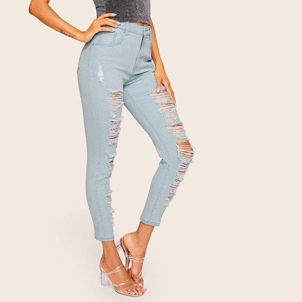 

Destroyed Front Frayed Trim Jeans, Blue pastel