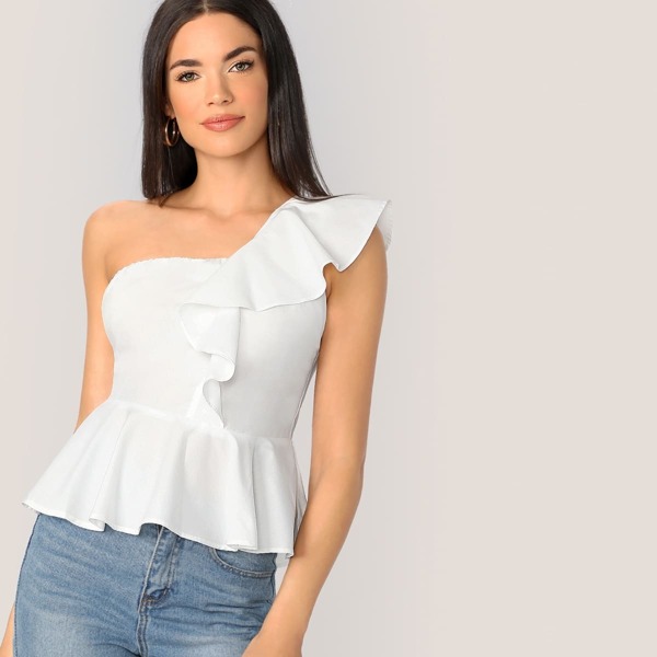 

One Shoulder Ruffle Trim Peplum Blouse
