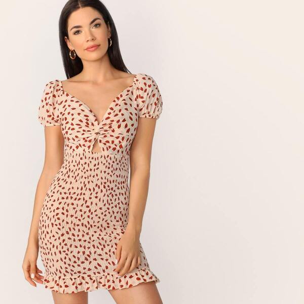 

Twist Cutout Front Shirred Ruffle Dress, Beige