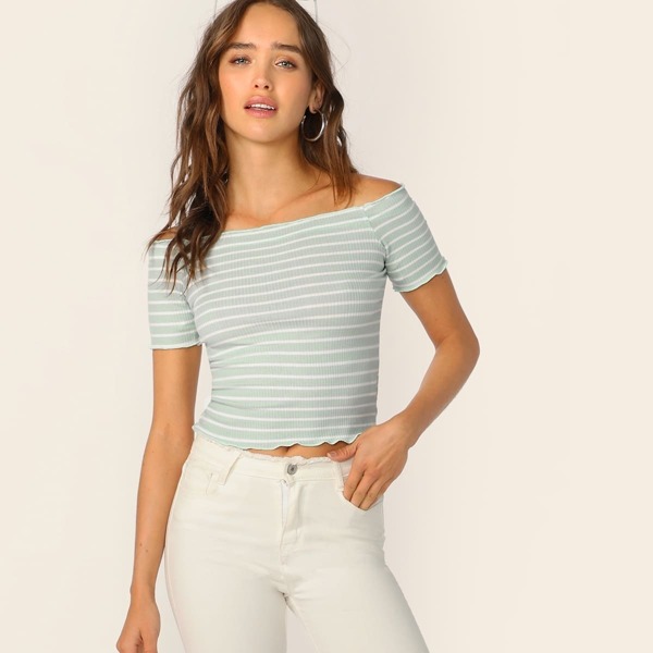 

Lettuce Trim Rib-knit Striped Off Shoulder Tee, Multicolor
