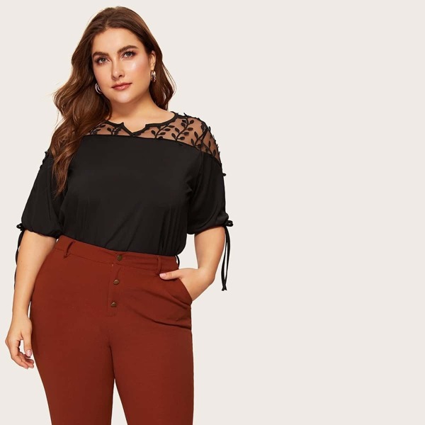 

Plus Contrast Mesh Self Tie Blouse, Black