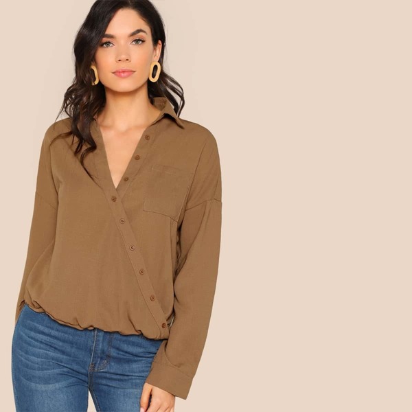 

Pocket Patched Button Surplice Shirt