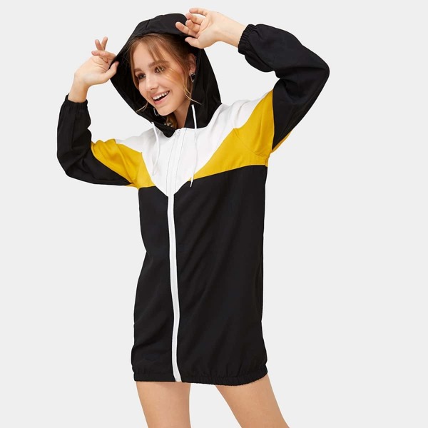 

Cut & Sew Zip Up Hoodie Sweatshirt Dress
