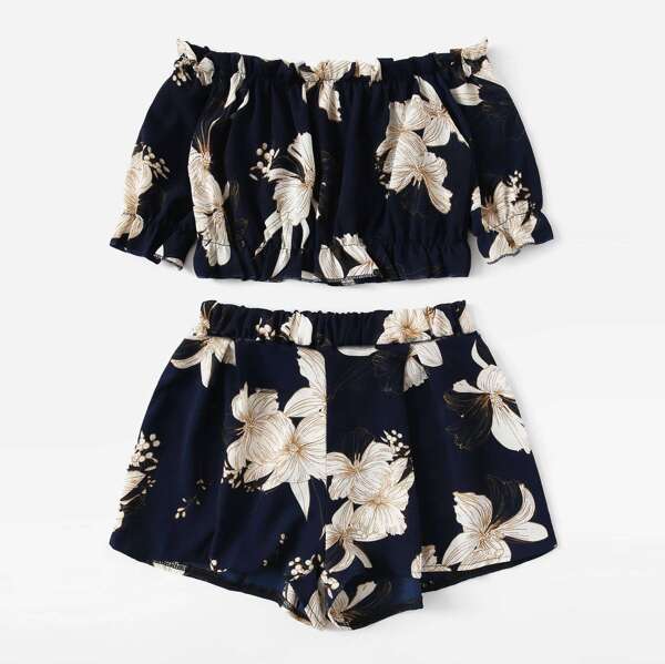 

Plus Off Shoulder Floral Print Crop Top With Shorts, Multicolor