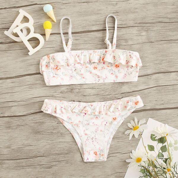 

Toddler Girls Calico Print Ruffle Trim Bikini Set