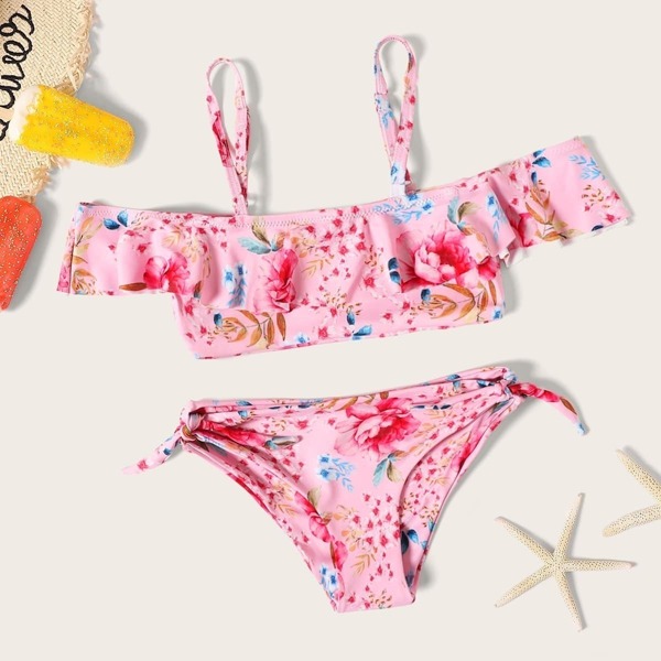 

Toddler Girls Floral Flounce Top With Tie Side Bikini