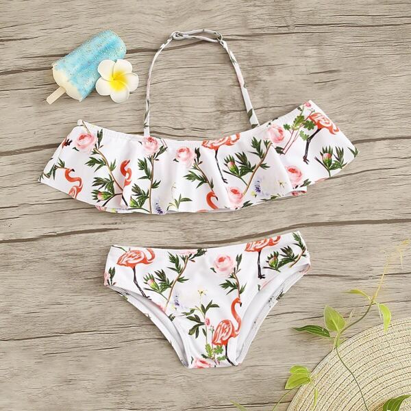 

Toddler Girls Flamingo & Plant Print Flounce Bikini Set