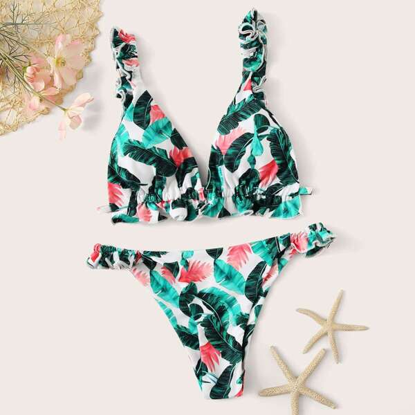 

Random Leaf Frill Top With Tanga Bottom Bikini Set