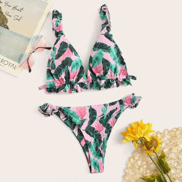

Random Leaf Frill Top With Tanga Bikini Set