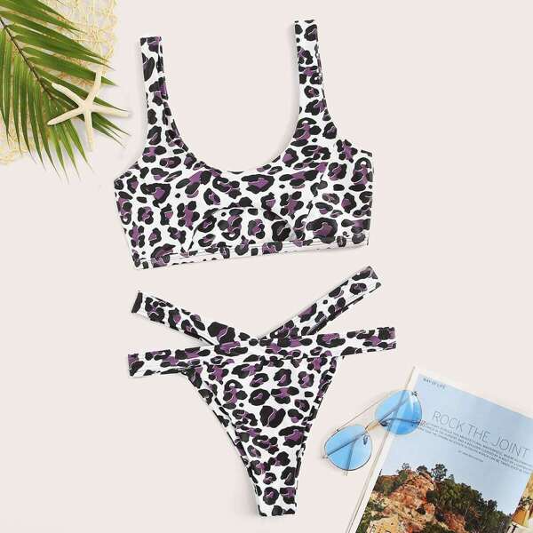 

Leopard Top With Cut-Out High Cut Bikini Set, Multicolor