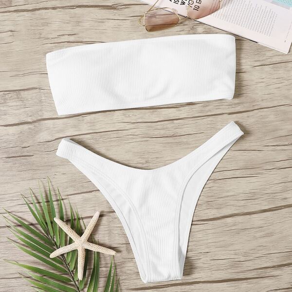 

Ribbed Lace-up Bandeau Top With High Cut Bikini, White