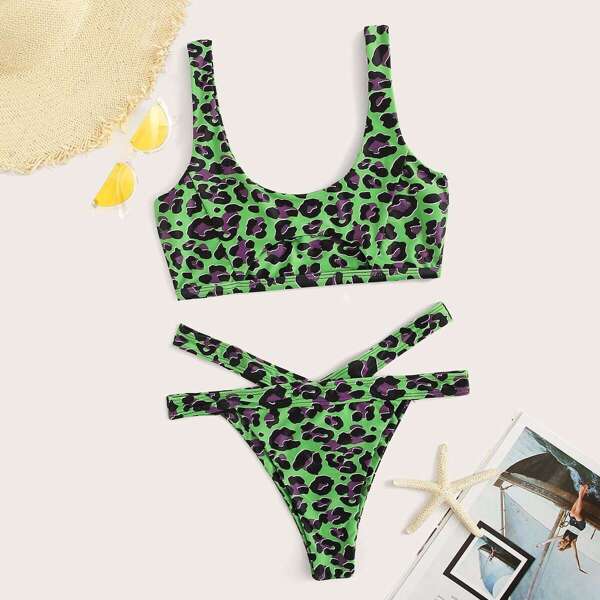 

Leopard Top With Cut-Out High Cut Bikini Set