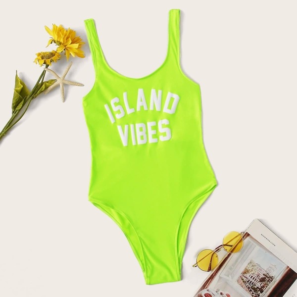 

Neon Lime Letter Print One Piece Swimsuit