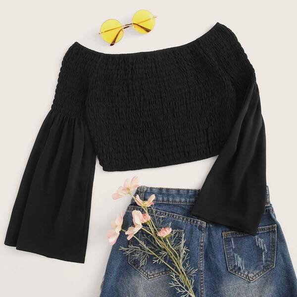 

Bell Sleeve Shirred Crop Off Shoulder Top, Black