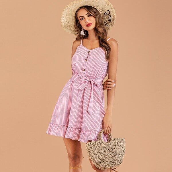 

Striped Ruffle Hem Belted Cami Dress, Pink