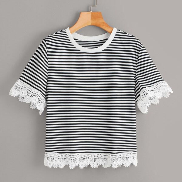 

Guipure Lace Trim Striped Tee