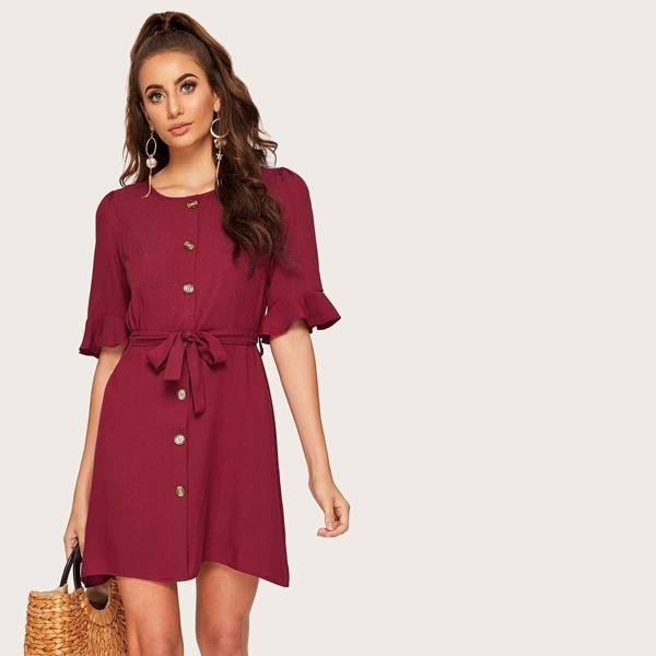

Self Tie Button Front Solid Dress, Burgundy