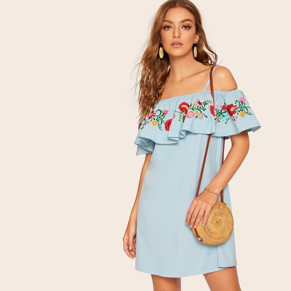 

Floral Embroidery Ruffle Trim Cami Dress, Blue