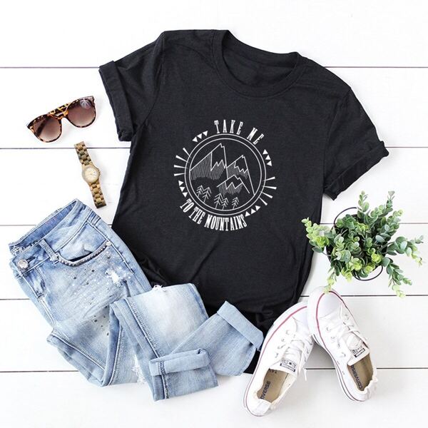 

Letter Graphic & Mountain Print Tee, Black