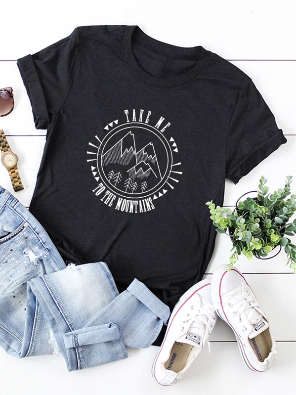 

Letter Graphic & Mountain Print Tee, Black