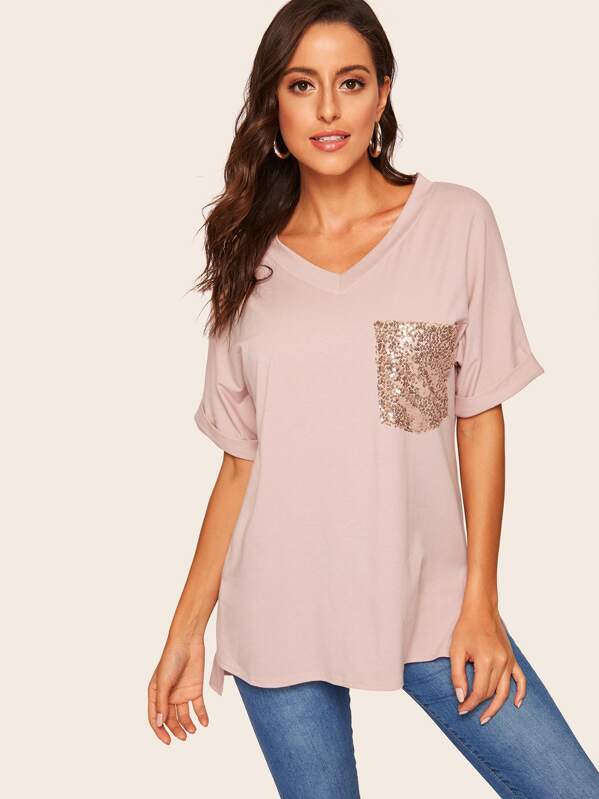 

Contrast Sequin Pocket High Low Tee, Pink, Mary P.