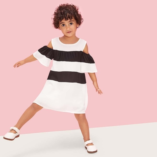 

Toddler Girls Contrast Panel Open Shoulder T-shirt Dress, Black and white
