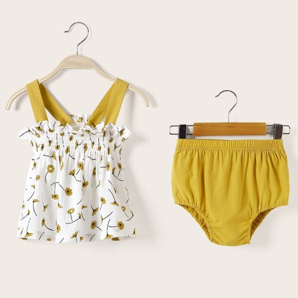 

Baby Floral Print Shirred Straps Top With Shorts