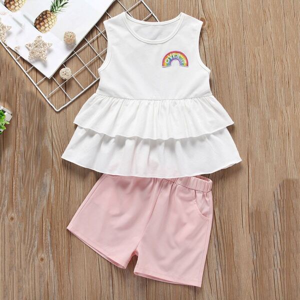 

Toddler Girls Rainbow Patched Ruffle Tank Top With Shorts, Multicolor