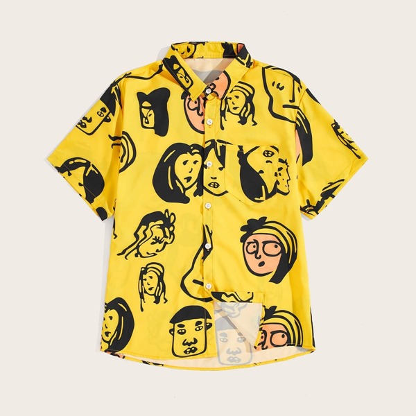 

Men Figure Graphic Curved Hem Shirt, Mustard yellow