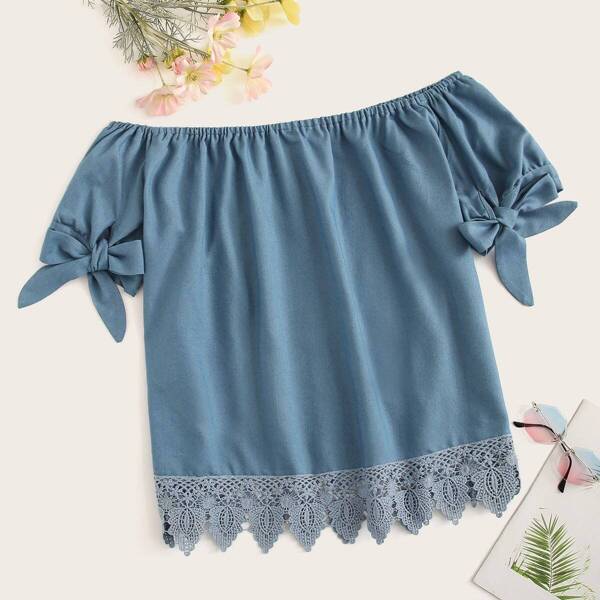 

Plus Contrast Lace Off Shoulder Knot Cuff Denim Blouse, Blue