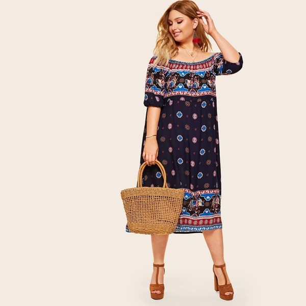 

Plus Off Shoulder Tribal Print Dress, Multicolor
