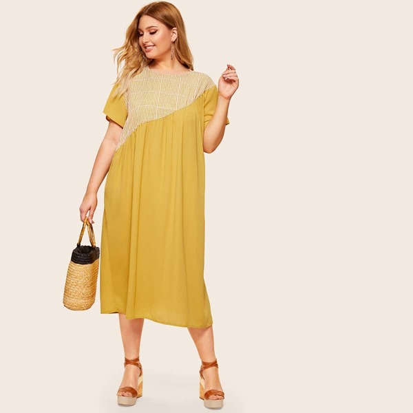 

Plus Contrast Plaid Panel Dress, Yellow