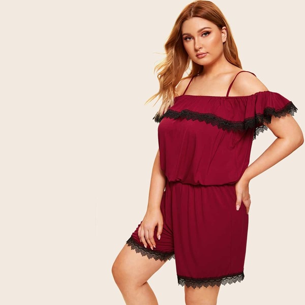 

Plus Contrast Lace Cold Shoulder Pajama Set