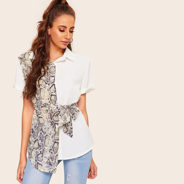

Snake Print Panel Button Front Belted Blouse