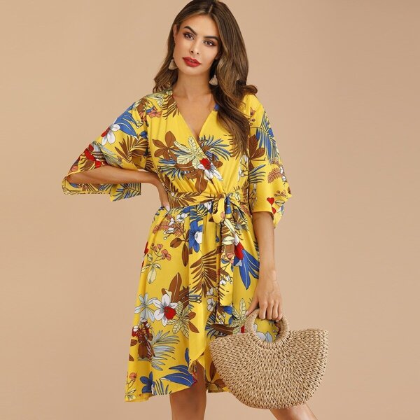 

Surplice Floral Print Belted Dress, Yellow