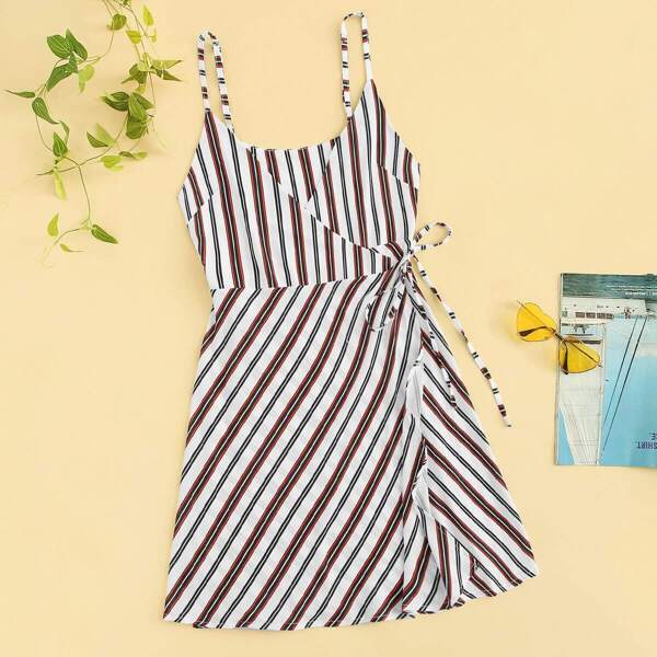 

Striped Knot Side Surplice Cami Dress, Multicolor