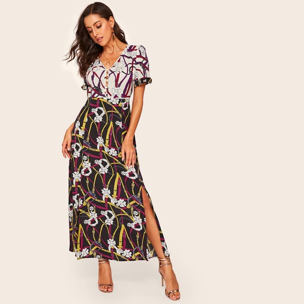 

Floral Print Split Hem V-Neck Dress