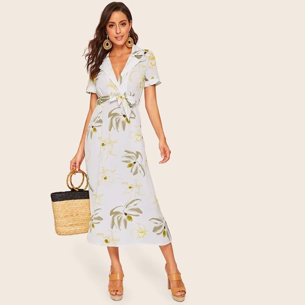 

Floral Print V-Neck Belted Dress, White