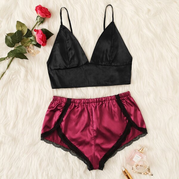 

Lace Trim Satin Bralette With Shorts