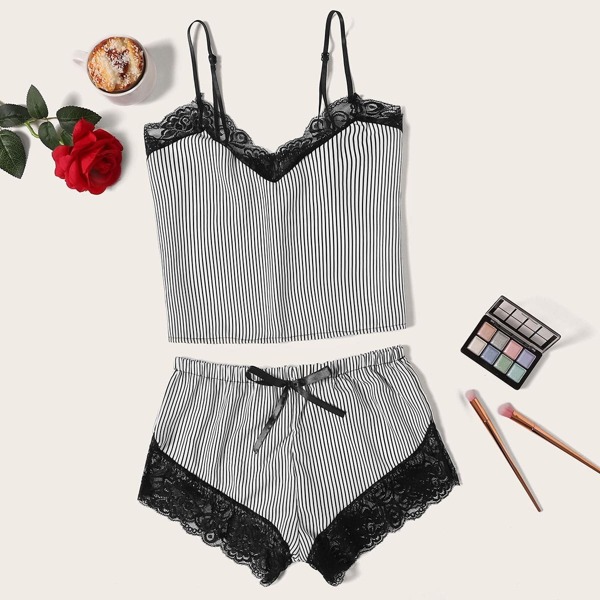 

Lace Trim Striped Cami Pajama Set