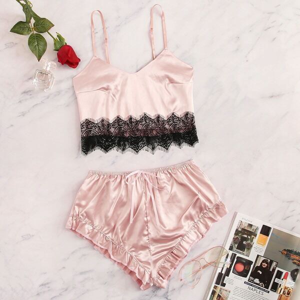 

Contrast Lace Satin Pajama Set